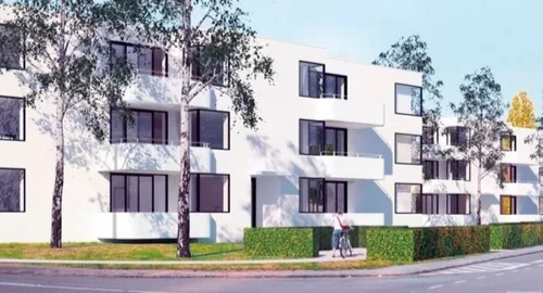 Visualisering af hvide boligblokke med altaner bag hække og træer, Mørdrup Have, Espergærde